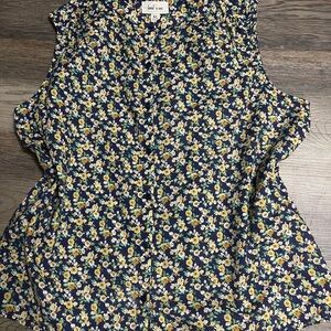 Leaf & Vine Floral Sleeveless Top - Blue and Yellow 100% Cotton.